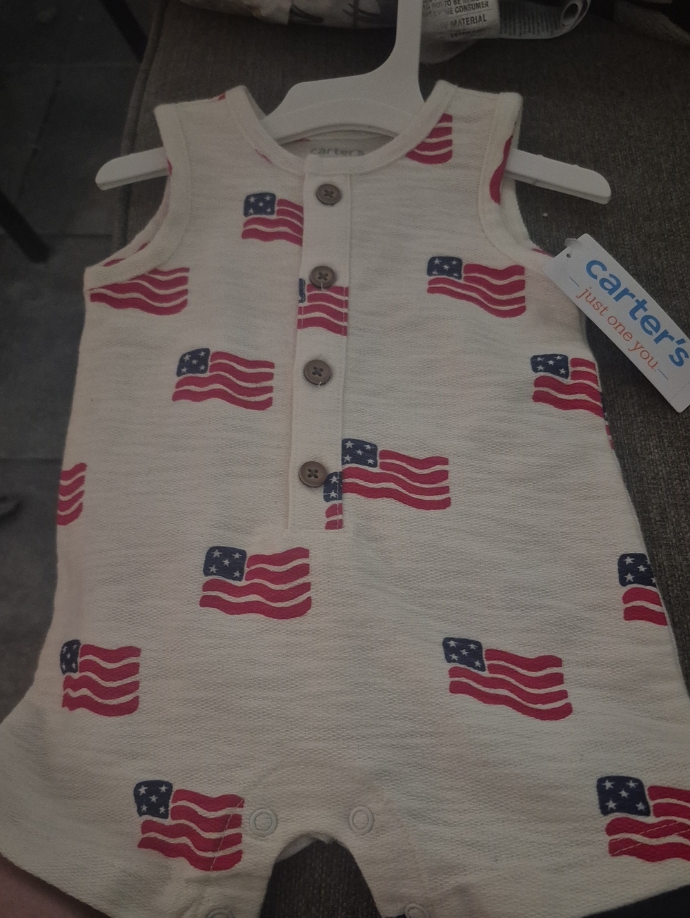 Carter's Cream Sleeveless Romper with Red & Navy Flag Motif